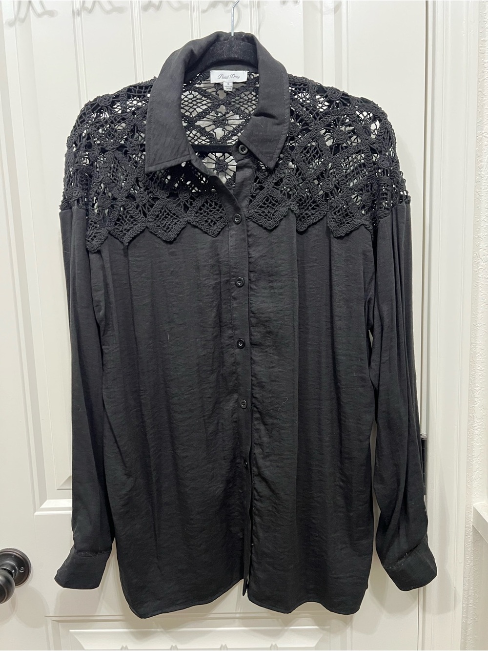 Unbranded Black Button-Up Shirt with Crochet Yoke
